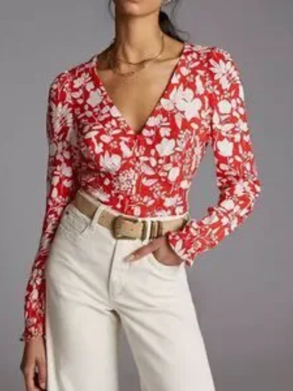 Anthropologie Womens Maeve Seamed V-neck Button-Up Red Floral Top Long Sleeve S